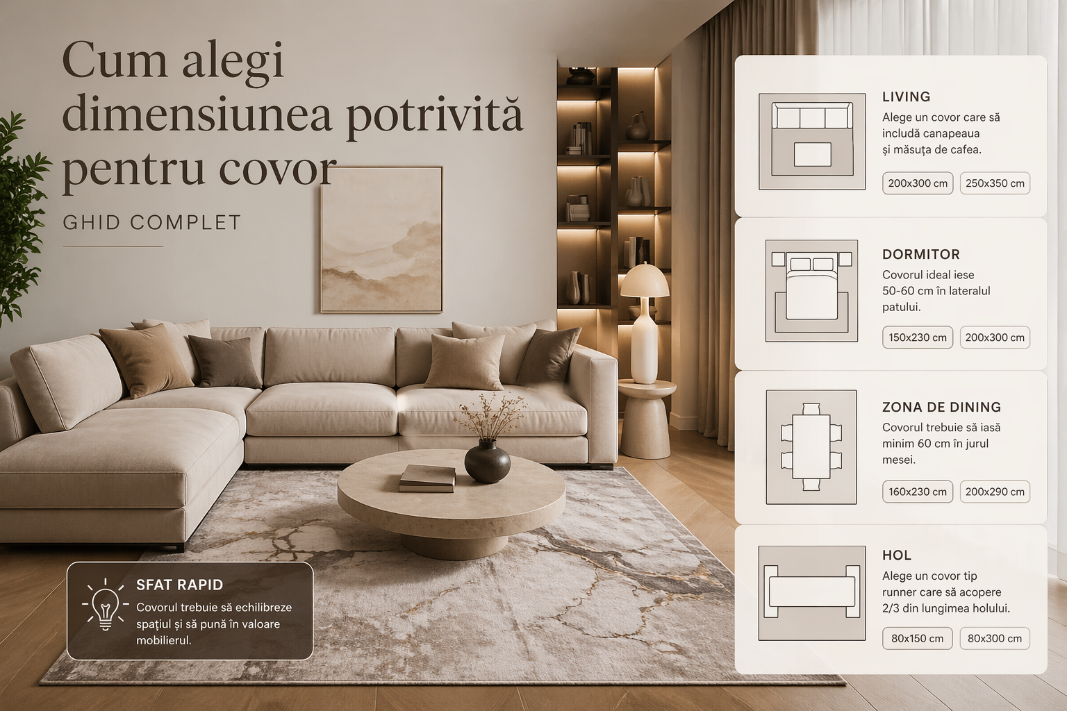 Cum alegi dimensiunea potrivită pentru covor (Ghid complet pentru living, dormitor și hol)